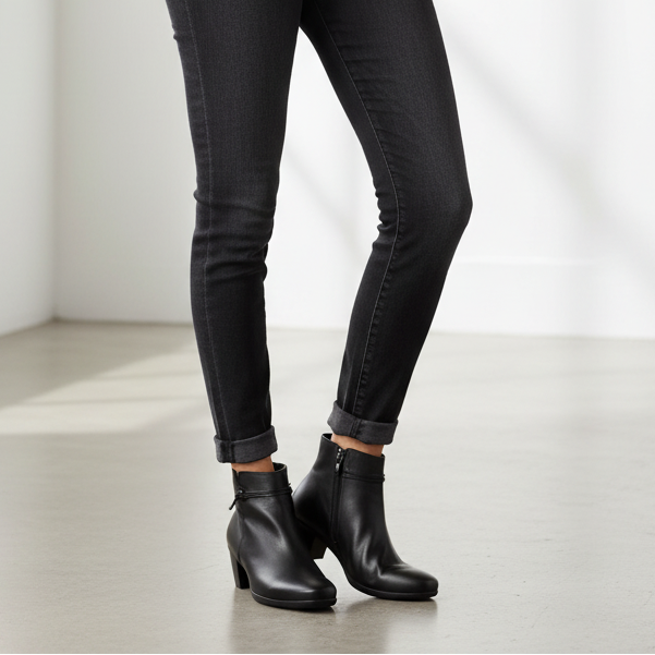 Women’s heeled ankle boots on model, black ankle height, block heel and round toe