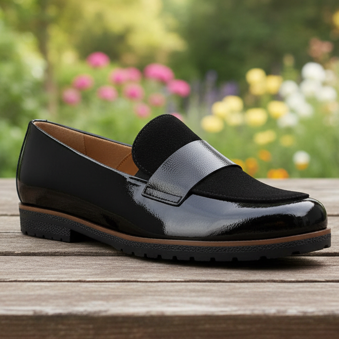 Black patent loafer with wide strap and low chunky sole