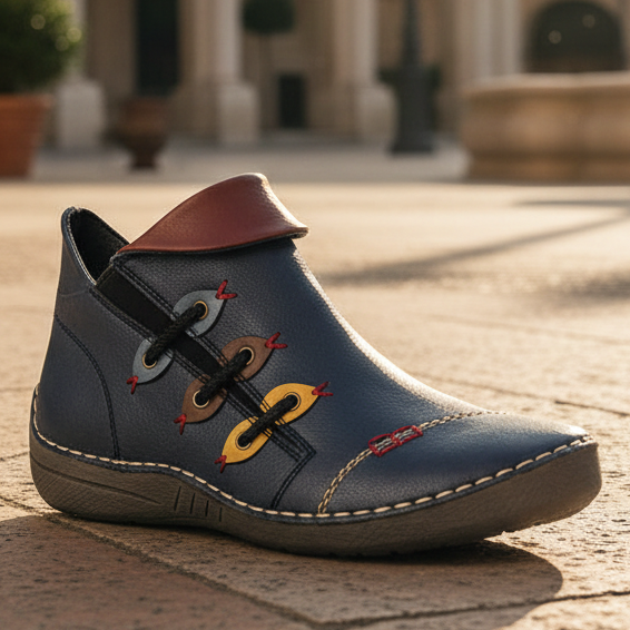 Women’s dark blue ankle boot with brown collar, lace-up front, and colorful stitched accents