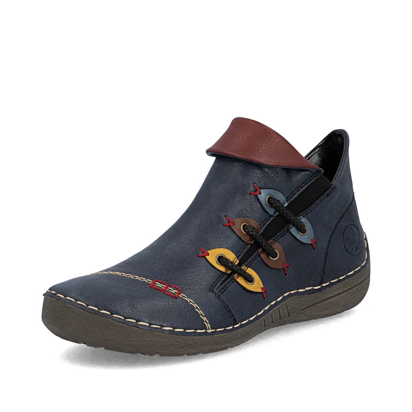 Women’s ankle boot in dark blue leather with brown collar and colorful lace embroidery
