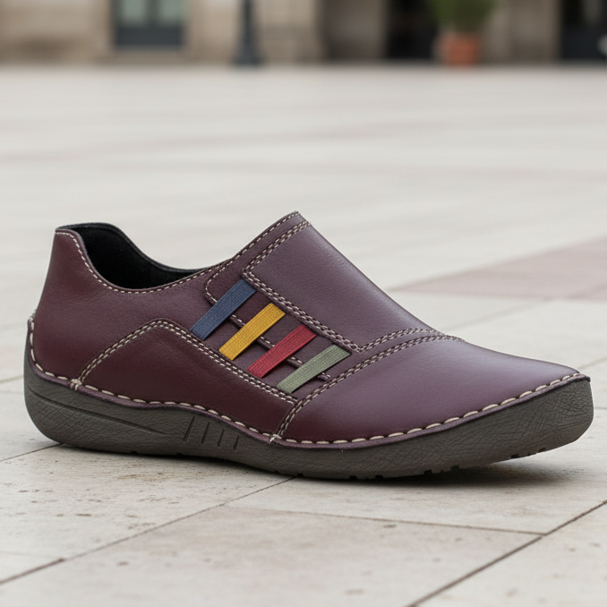 Women's slip-on shoe dark plum with multicolor strap detail and cushioned sole