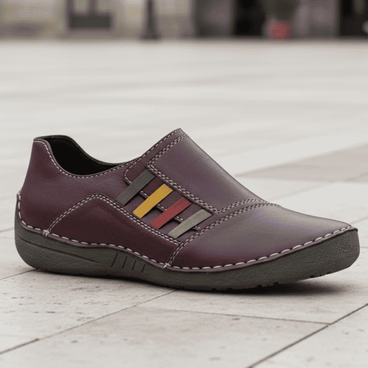Women's slip-on shoe dark plum with multicolor strap detail and cushioned sole