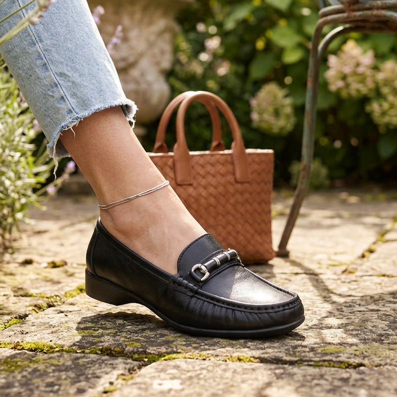 Black leather women's moccasin on stone path with metal buckle strap detail