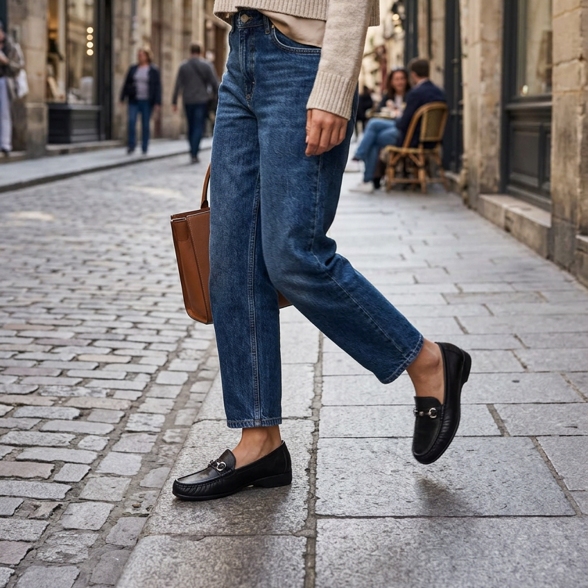 Black leather moccasins worn with jeans, rounded toe and metal buckle