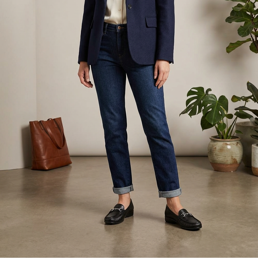 Black leather moccasin shoes on model with slim jeans and metal buckle detail