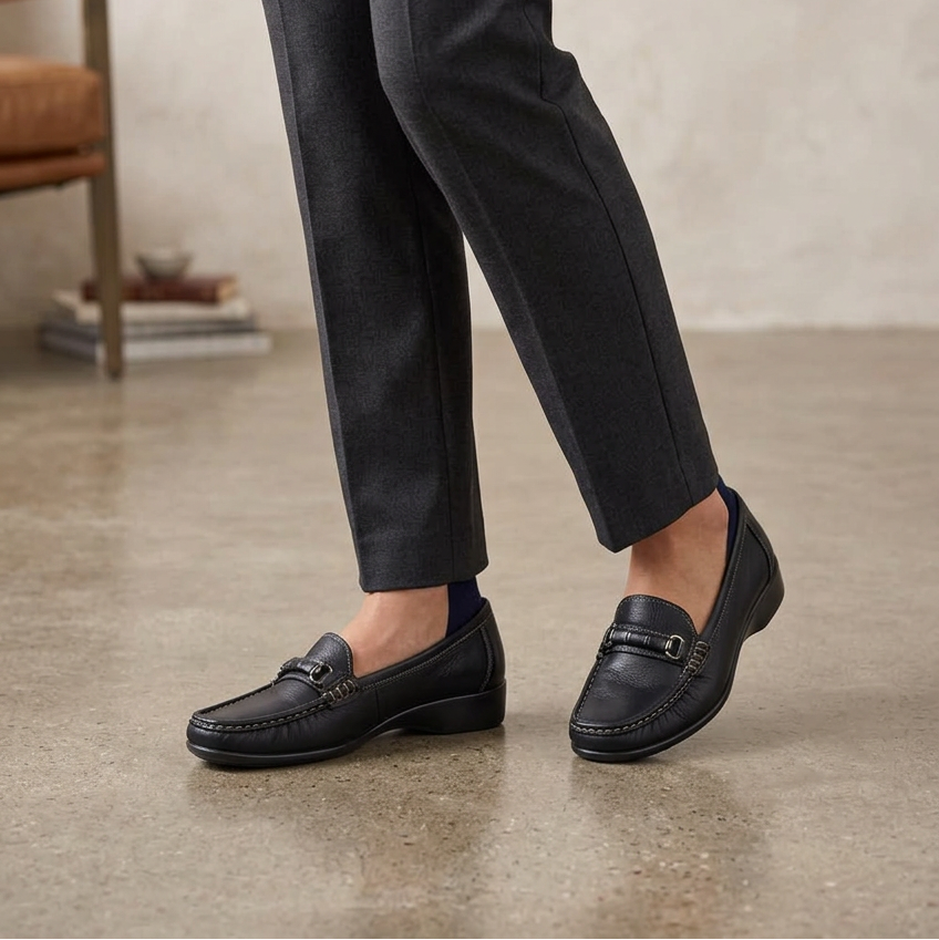Women's navy leather moccasin flat profile with stitched seam and metal buckle