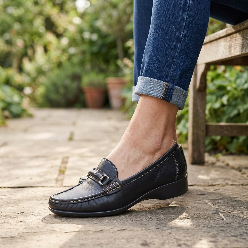 Navy leather moccasin with metal buckle strap and low wedge outsole