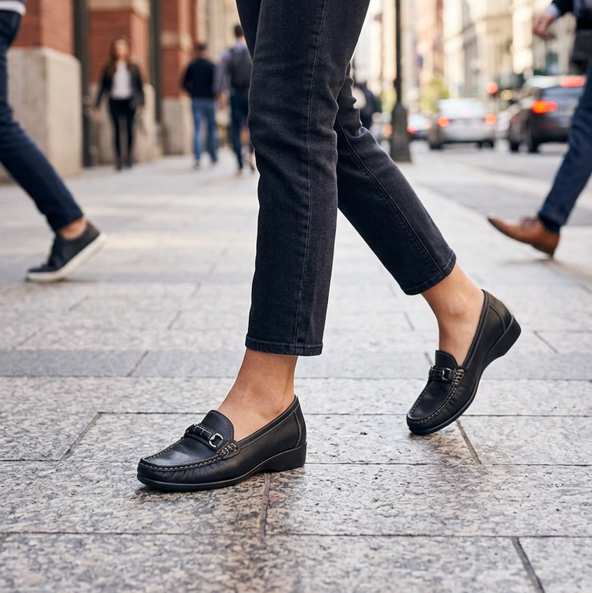 Navy leather moccasin slip-on on low wedge sole with metal buckle strap