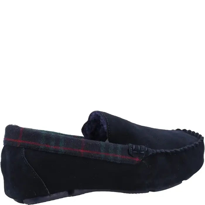 Navy suede moccasin slippers with tartan strap detail and stitched moc toe