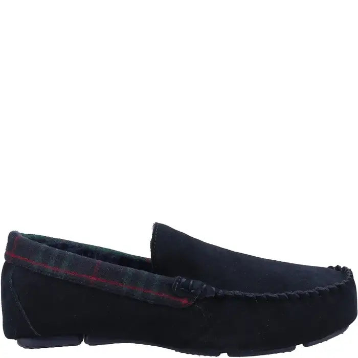 Navy suede moccasin slippers with tartan stripe panel and moc-toe stitching