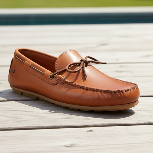 Brown leather loafer shoe on a white background