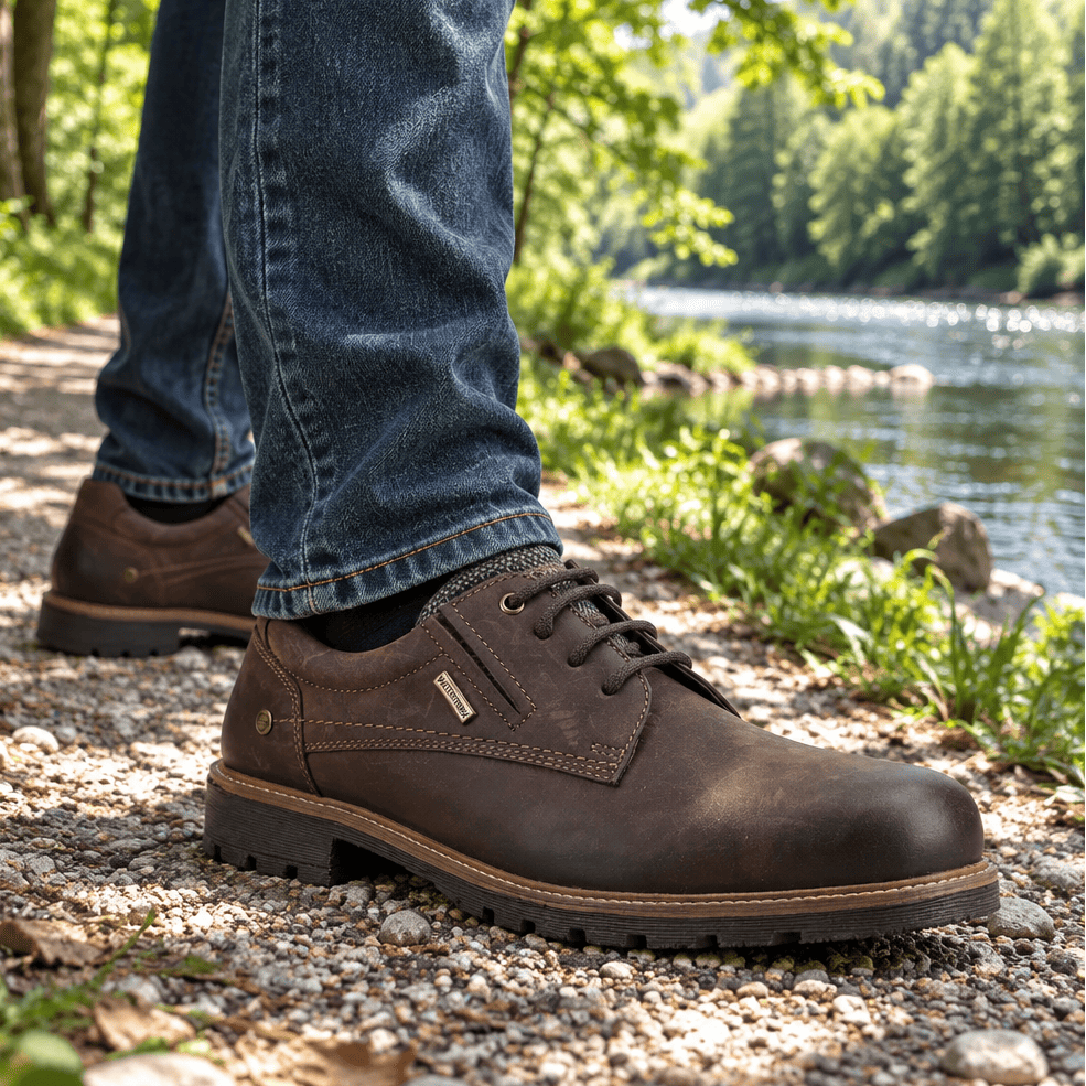 Men's brown lace-up waterproof shoe with stitched panel and grippy tread sole