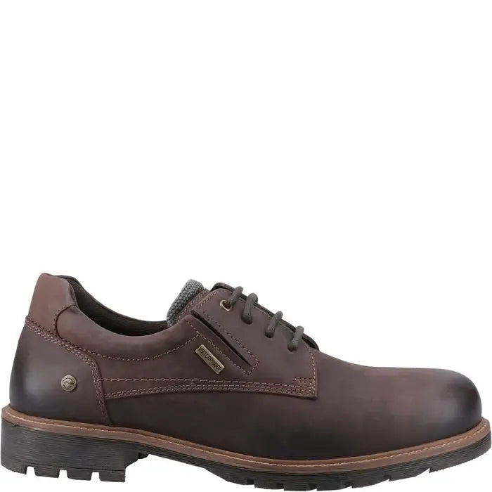 Men's brown waterproof lace-up shoe with metal badge and rubber tread sole