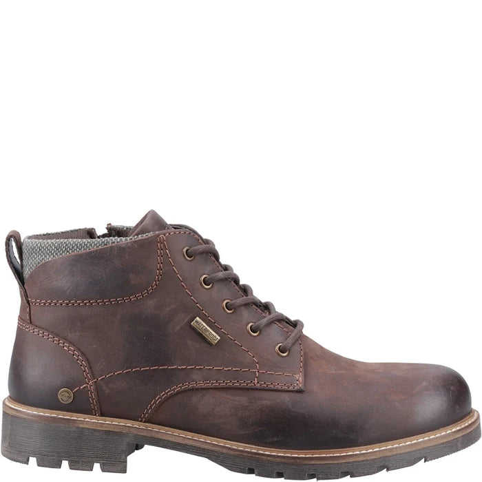 Brown waterproof ankle boot with lace-up front and stitched leather upper.