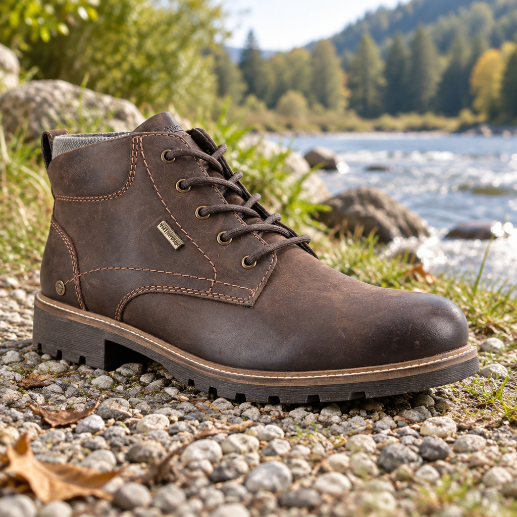 Brown lace-up waterproof work boot with gray lining and rugged rubber sole.