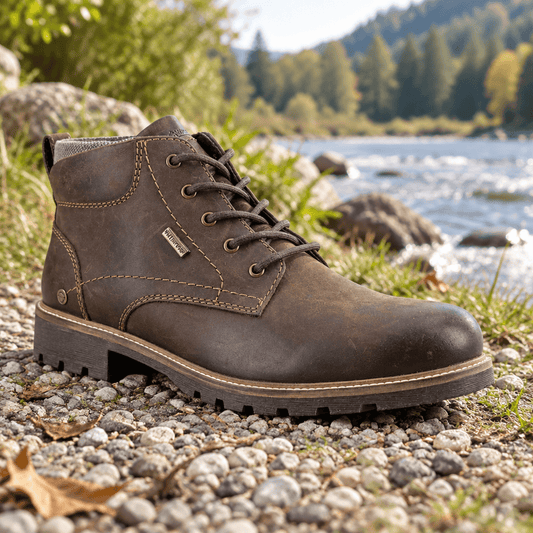 Brown lace-up waterproof work boot with gray lining and rugged rubber sole.