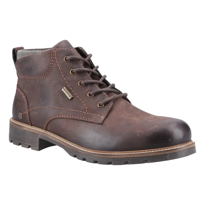 Men's brown waterproof work boot, lace-up with padded collar and stitched side panels.