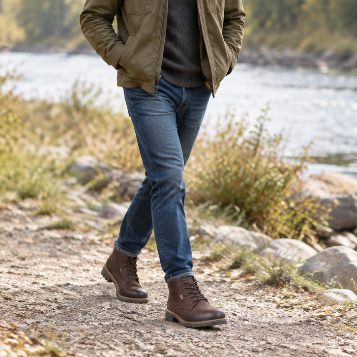 Men's brown work boot worn with jeans; lace-up ankle design and grippy sole.