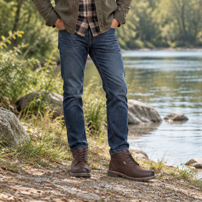 Men's brown lace-up work boots on rocky path; rugged tread sole and stitched upper.