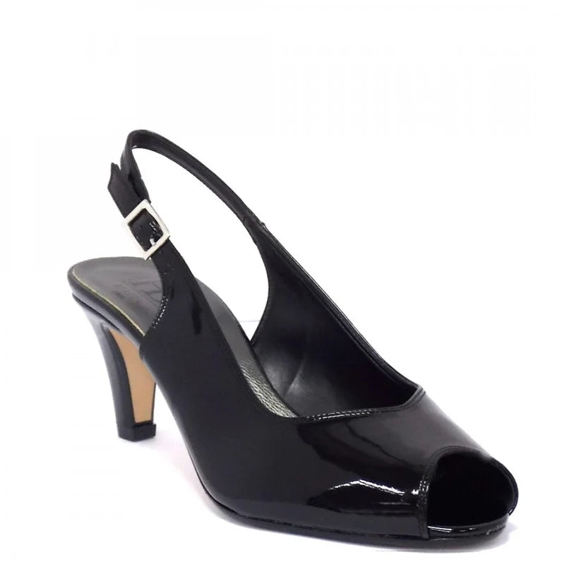 Black patent mid-heel slingback sandal with open toe and ankle strap buckle