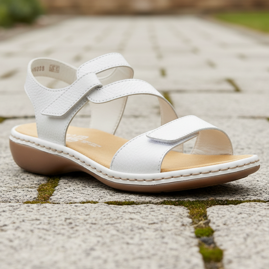 White sandal on a stone pavement with a blurred natural background