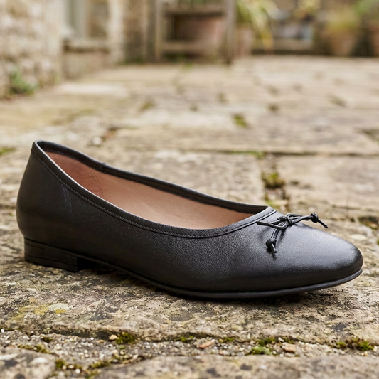 Women's black leather ballerina flat with lace bow and low block heel