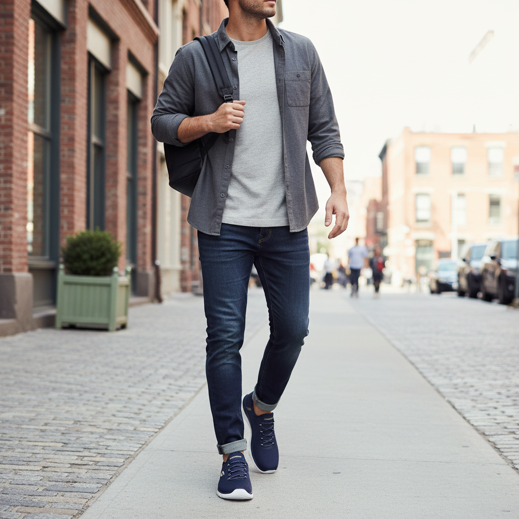 A man walking on a city sidewalk wearing a dark gray button-up shirt over a light gray t-shirt, dark blue jeans, and navy sneakers, with a black backpack slung over his shoulder.