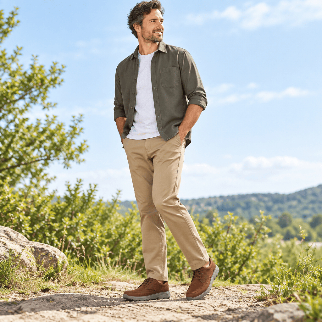 Brown men's casual shoe with lace-up front and sporty rubber sole, walking view
