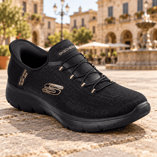 Women's Skechers black lace-up trainer with gold S logo and padded collar