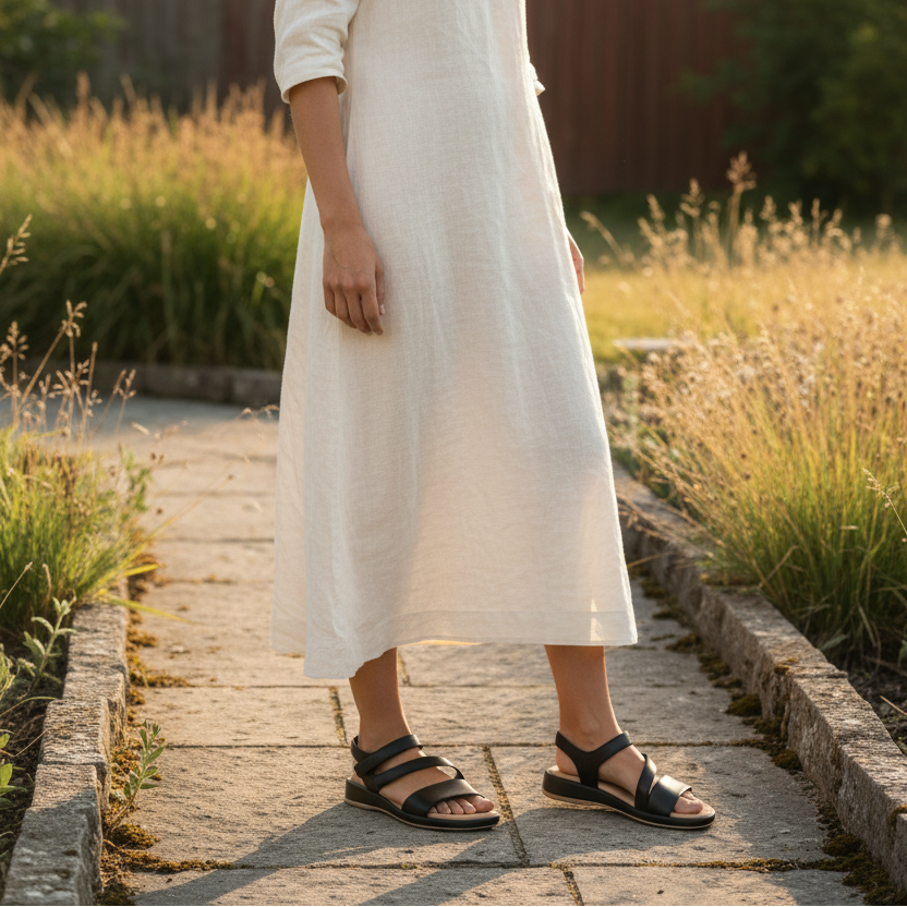 A person wearing a long white linen dress and black double-strap sandals stands on a stone path in a sunlit garden with dry grass and plants in the background.