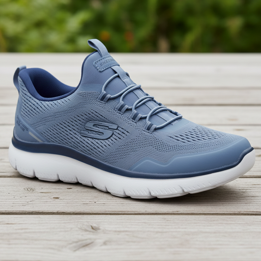 Blue running shoe on a wooden surface with a blurred green background