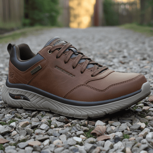 Men's dark brown lace-up trainers with gray cushioned sole and side panel logo