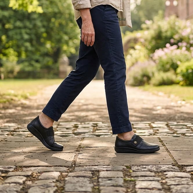 Black leather women's wide-fit shoe worn with dark pants and sockless styling