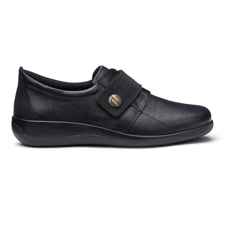 Black leather women's wide-fit shoe with hook-and-loop strap and cushioned sole