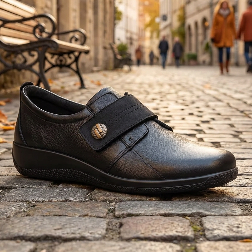 Black leather loafer-style women's wide-fit shoe with adjustable strap and metal tag