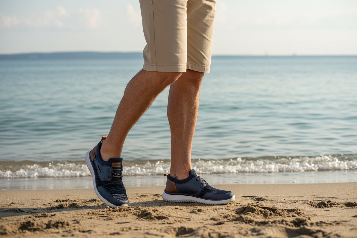 Blue casual shoes worn with beige pants on a white background