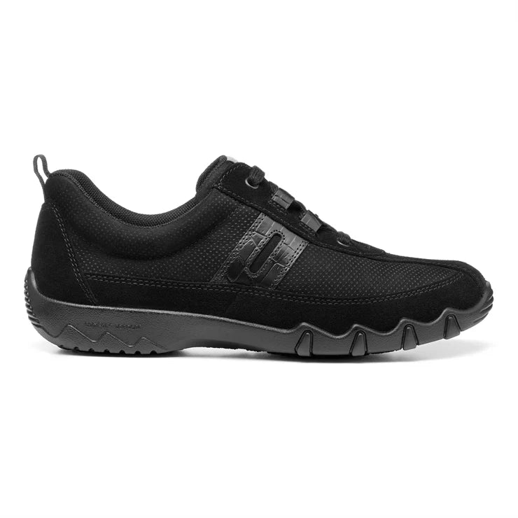 Black lace-up trainer with textured upper and contrast sole edge