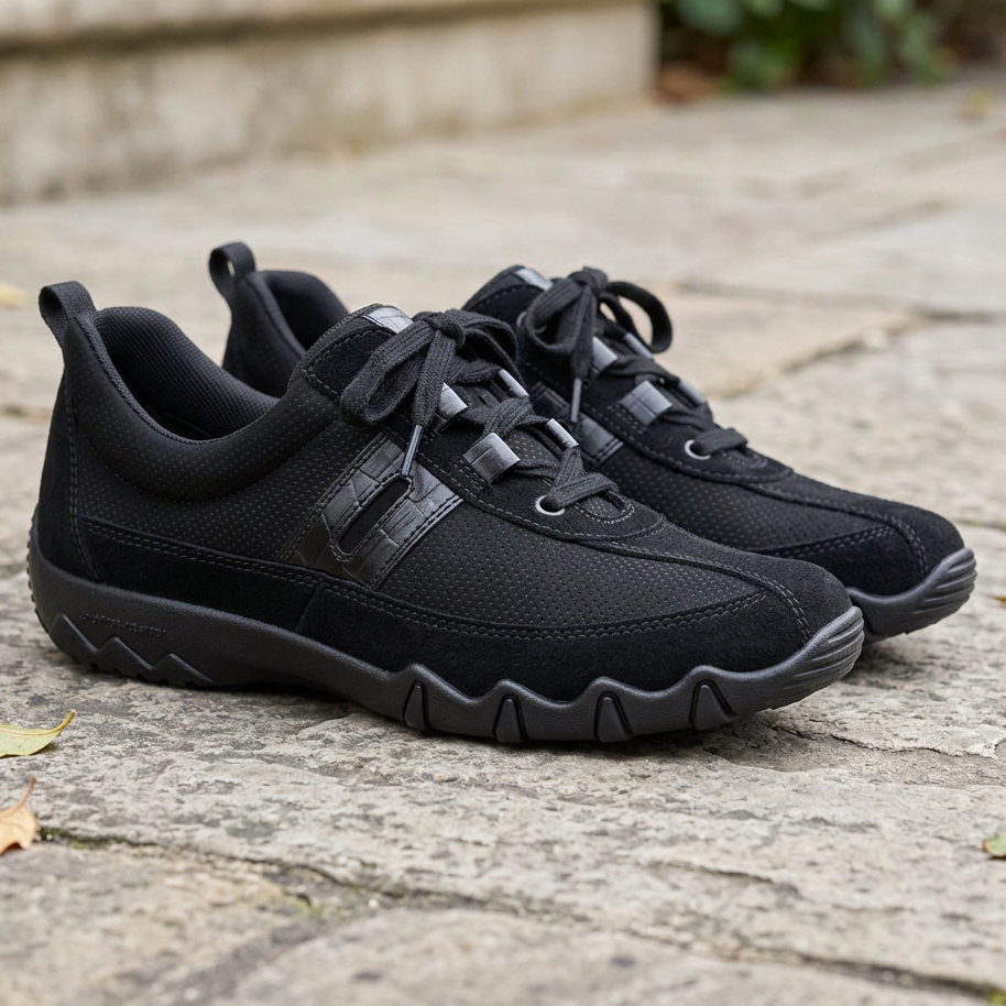 Pair of black lace-up trainers with textured panels and thick grip sole