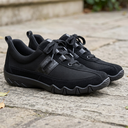Pair of black lace-up trainers with textured panels and thick grip sole