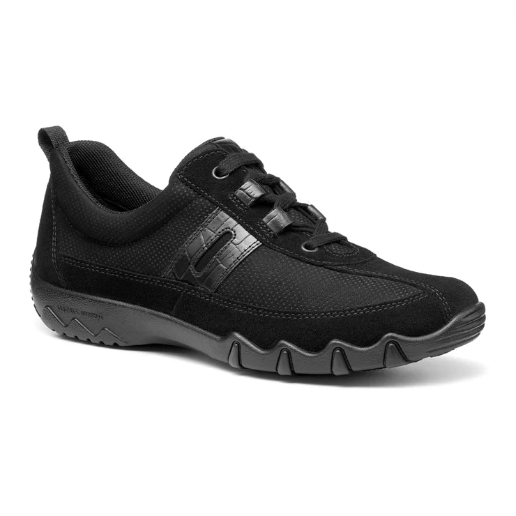 Black lace-up wide-fit trainer with side logo detail and chunky tread sole