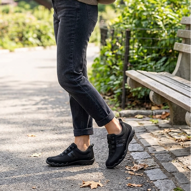 Black lace-up trainers with thick sole worn with rolled jeans on a walkway