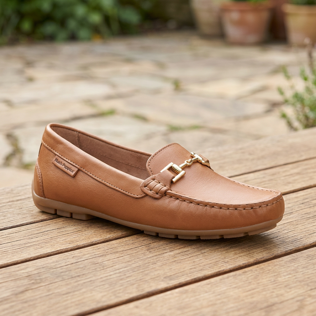 Women's tan leather loafer with metal buckle bit, stitched moc toe, slip-on design
