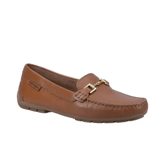 Women's tan leather loafer with metal buckle bit detail and moc-toe stitching