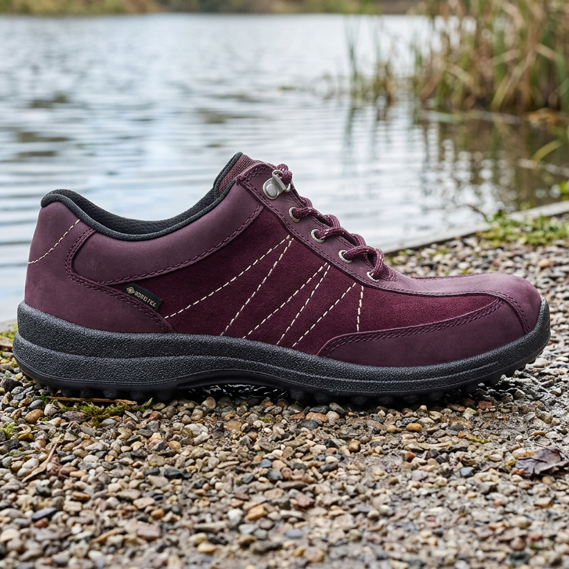 Women's dark cherry lace-up walking shoe with grippy black tread sole