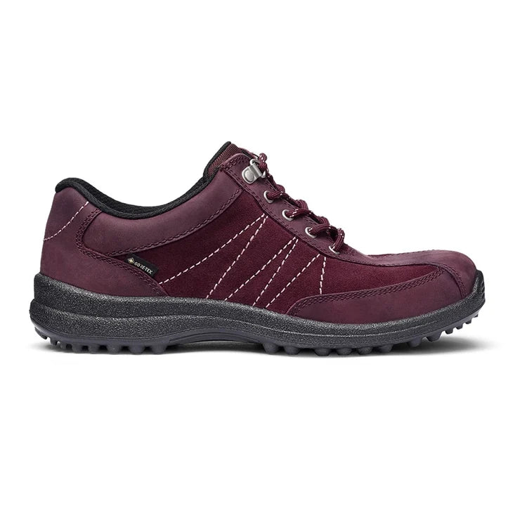 Women's dark cherry lace-up walking shoe with black tread sole