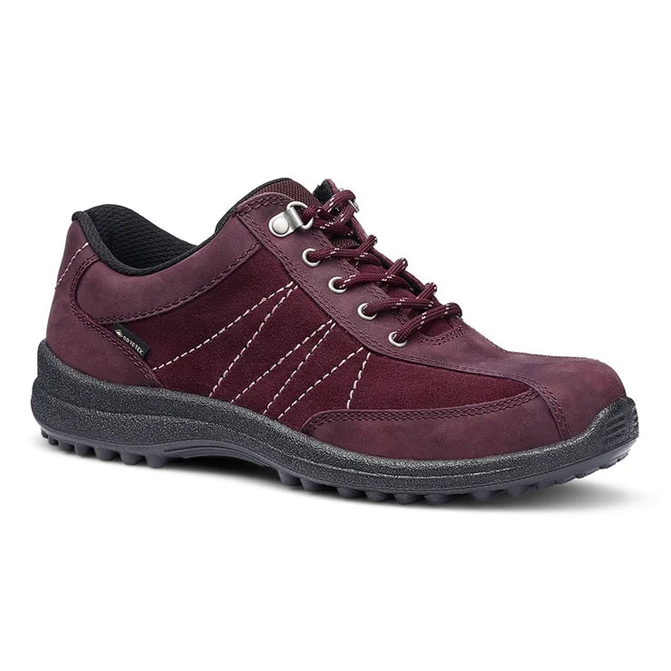 Women's dark cherry lace-up walking shoe with black lining and tread sole