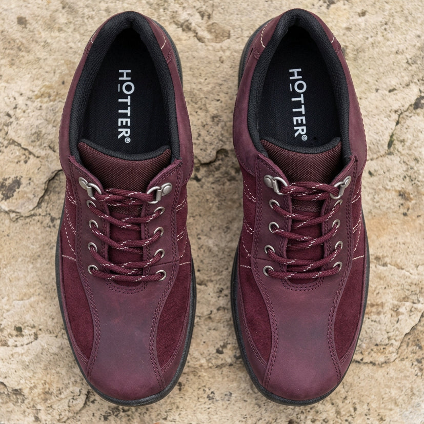 Pair of women's dark cherry lace-up walking shoes with HOTTER on insoles