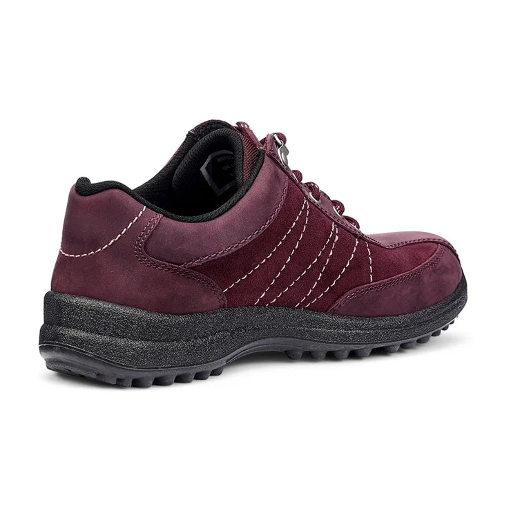 Women's dark cherry lace-up walking shoe with grippy black rubber sole