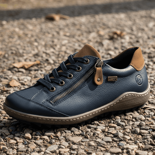 Navy leather-look sneakers with side zipper, lace-up, and tan pull tab