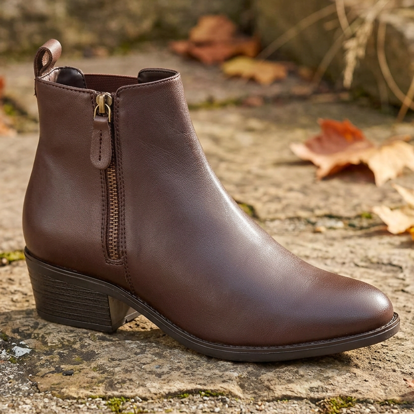 Women's leather ankle boot in dark brown with side zip and block heel